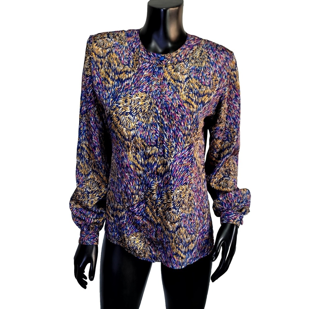 Vintage 90s Notations Womens 6 Colorful Firework Pattern Satiny Polyester Blouse